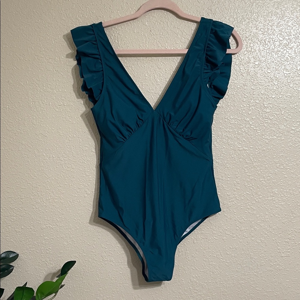 Cupshe Teal Ruffle Shoulder One-Piece Swimsuit - Picture 2 of 7
